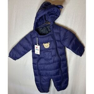 Kids Navy Blue Bear Hood Puffer Snowsuit One Piece Winter Warm Outfit